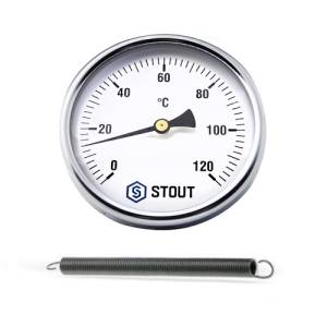 Термометр биметаллический накладной STOUT (D80 мм, шкала 0-120°C, с пружиной)